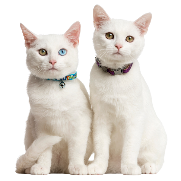 Two white cats with different colored eyes